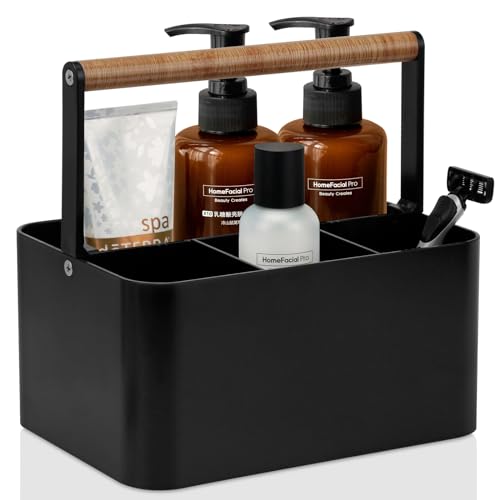 Portable Shower Caddy with Handle and Adjustable Dividers, Black