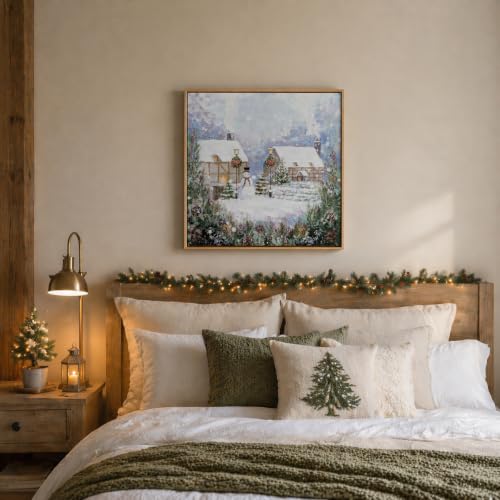ArtbyHannah Snowy Village Christmas Canvas Wall Art 24x24 Inch, Framed Hand-Painted Holiday Decor