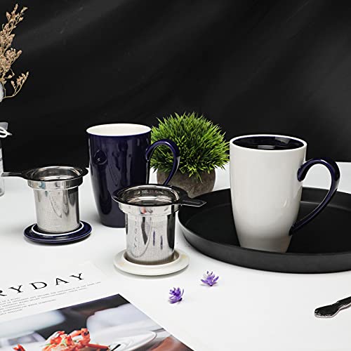 Amhomel 16oz Porcelain Tea Mug with Infuser & Lid Set of 2 Navy Blue & White