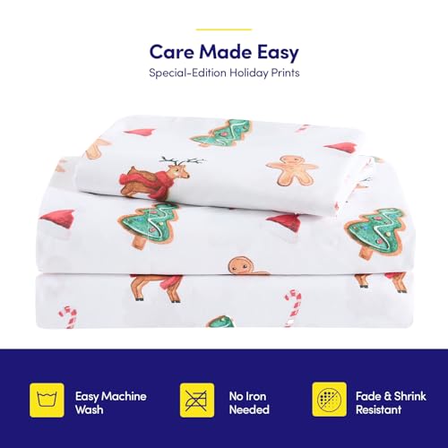 Sweet Home Collection Holiday Cookies California King Sheets with Built‑in Straps – Festive Winter Bedding