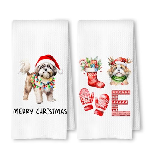 Christmas Shih Tzu Kitchen Dish Towels 2 Pack - Casual Holiday Dog Lover Gift