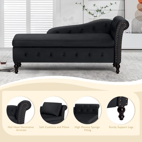 Velvet Chaise Lounge with Storage and Right Armrest, Black Tufted Sofa