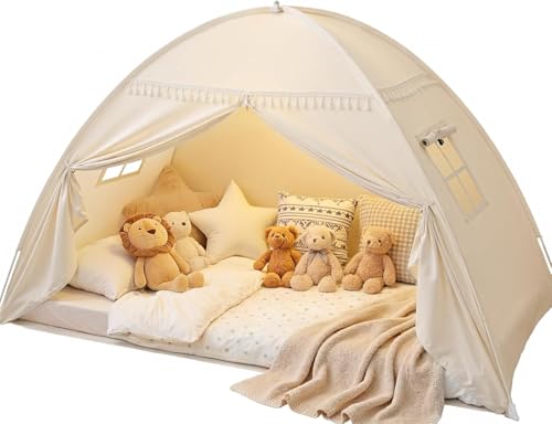 Kids Indoor Twin Bed Tent Canopy with Star Lights & Flags - Golden Beige