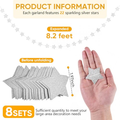 Silver Glitter Star Garland Decorations - 8 pcs, 66 Feet, Holiday & Party Decor