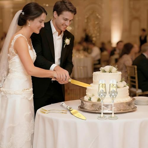 Gold Petal Rhinestone Wedding Cake Cutting Set with Champagne Flutes - BEKESIN