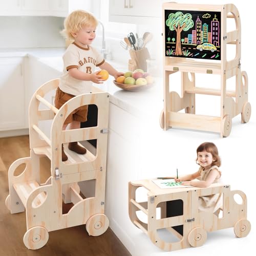 Convertible Toddler Kitchen Step Stool and Table Set with Blackboard