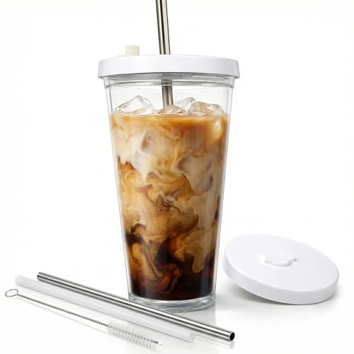 24 oz Reusable Insulated Iced Coffee Tumbler with Lid, Straws, and Brush