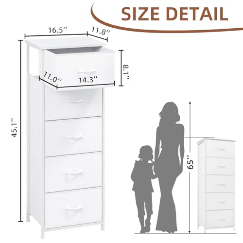 5-Drawer Tall Fabric Dresser Storage Cabinet with Wood Top - White