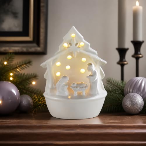 Light-Up Ceramic Nativity Set Sitter - LED Tabletop Christmas Decor