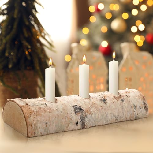 Birch Wood Taper Candle Holder Set of 3 - Rustic Holiday Table Centerpiece