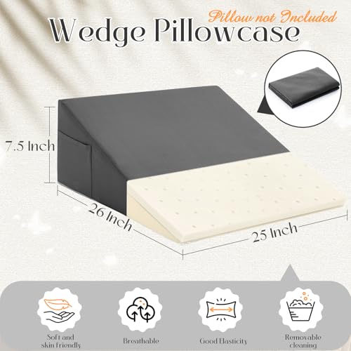 Horbaunal Dark Grey Bed Wedge Pillow Cover 26 x 25 x 7.5 Inch, Microfiber Slipcover with Side Pockets