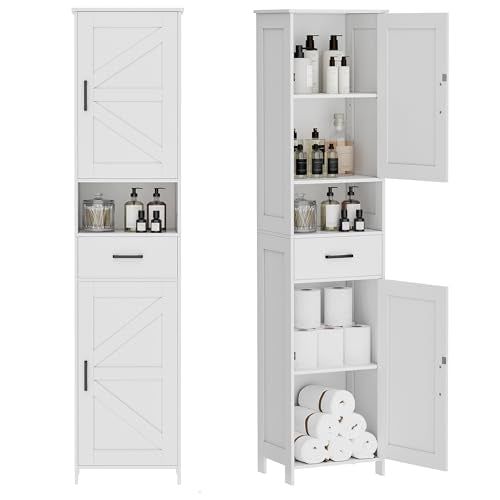 67" Tall Bathroom Storage Cabinet with Barn Doors, Drawer & Shelves