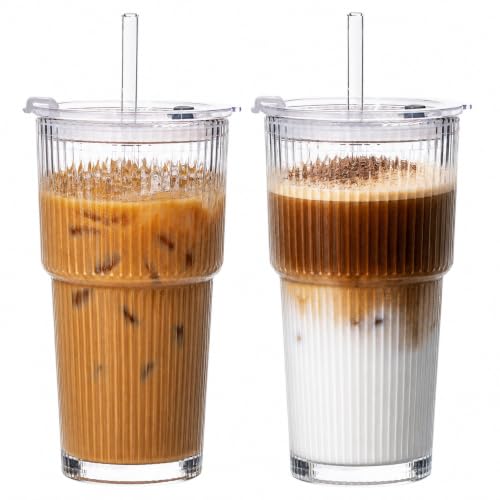 20oz Glass Iced Coffee Cups with Lids and Straws - 2 Pack Reusable Tumblers