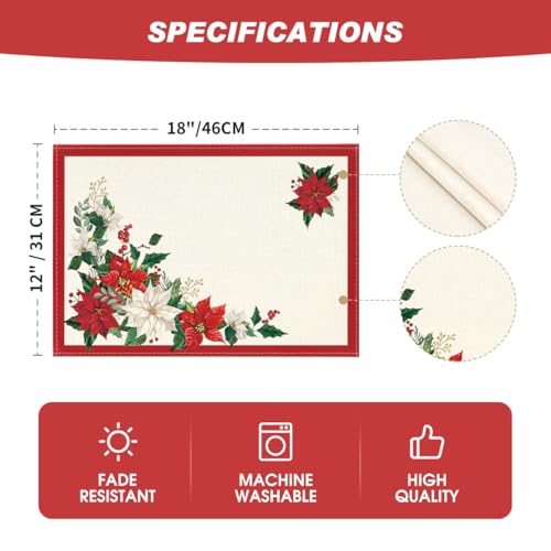Artoid Mode 12x18 Inch Christmas Placemat Set of 8 Beige & Red Leaves Poinsettia Seasonal Table Decor