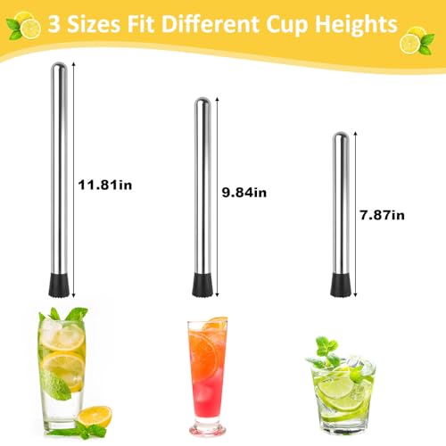 Okxiri Stainless Steel Cocktail Muddler Set - 3 Sizes for Smooth Mixing