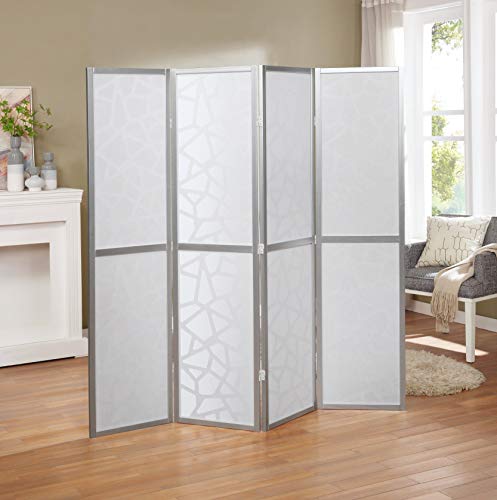 4-Panel Mosaic Room Divider with Silver Frame, White Folding Privacy Screen