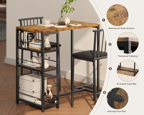 3-Piece Bar Dining Table Set with 2 Cushioned Chairs and Storage Shelves