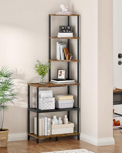 6-Tier Industrial Corner Bookshelf, Rustic Brown Storage Display Stand