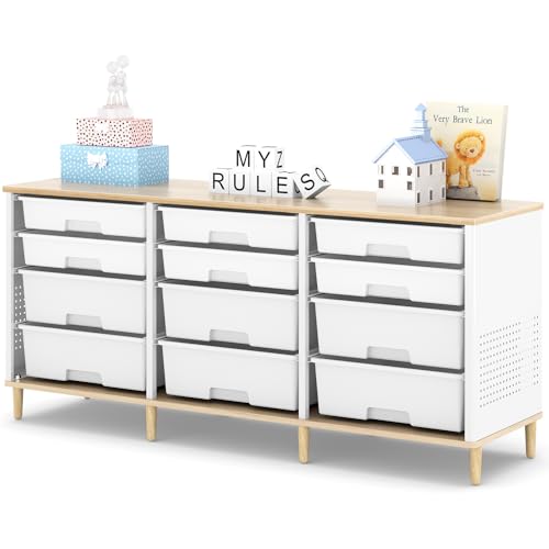 12-Drawer Storage Cabinet with Wooden Top and Rolling Bins, White