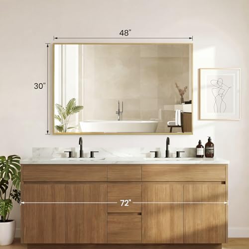 30x48 Inch Rectangular Wall Mirror, Brushed Gold Metal Frame Vanity Mirror