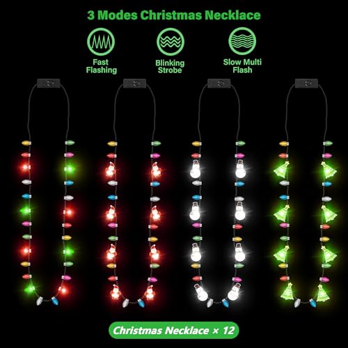 12PCS LED Light Up Christmas Necklace Set - 4 Modes, 26 Bulbs, Tree/Santa/Candy Cane Design (EOBOH)