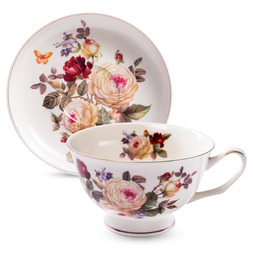 Alarrar White Camellia 10 OZ Bone Porcelain Tea Cup & Saucer Set for Coffee & Tea