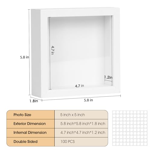 6-Pack 5x5 Shadow Box Frame - 1.2-Inch Deep 3D Display Case, White
