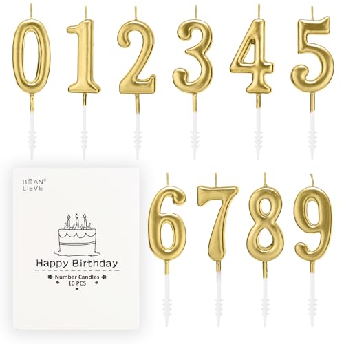 Champagne Gold Numeral Birthday Candles (0-9 Set) for Cake Decorating