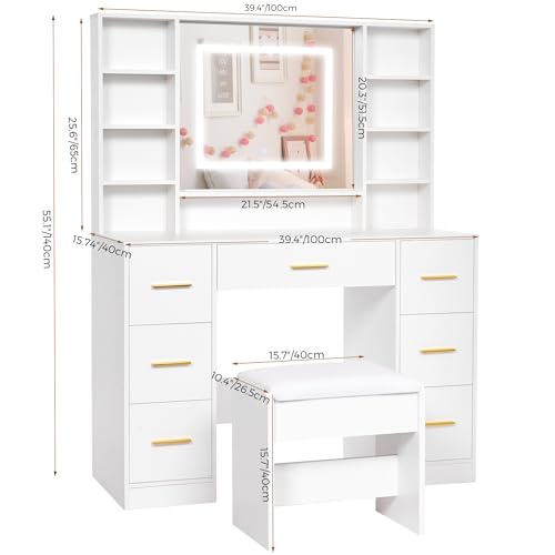 White Makeup Vanity Desk with Lighted Mirror, Charging Station & Stool