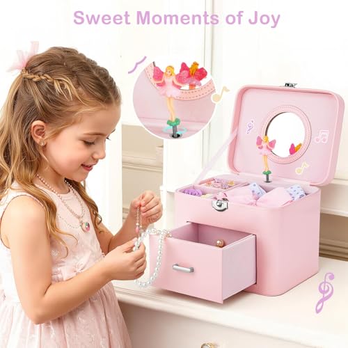 Musical Jewelry Box for Girls with Rotating Figure and Storage Drawer