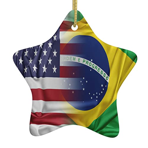 USA Brazil Flag Christmas Tree Ornament Ceramic Double-Sided Hanging Décor - One Size