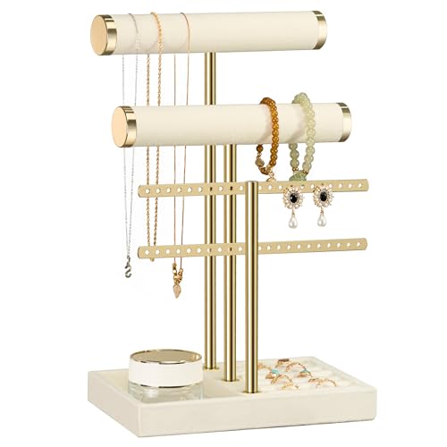 Beige Velvet Jewelry Organizer Stand with Multi-Tier Display Tray