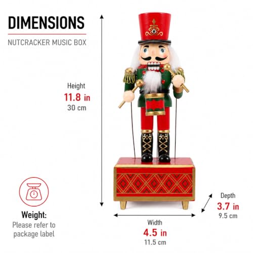 Wooden Nutcracker Music Box - Handmade Christmas Soldier Figurine, 11 Inch Holiday Decor