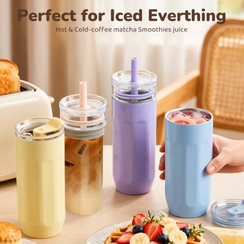Yellow 18 oz Vacuum Insulated Glass Tumbler with Straw & Spout Lids - Keeps Drinks Cold 12H