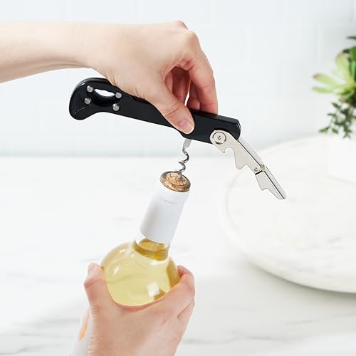 TRUE Recoil Waiters Corkscrew Wine Opener - Black, Stainless Steel with Built-in Bottle Opener & 4-Wheel Foil Cutter