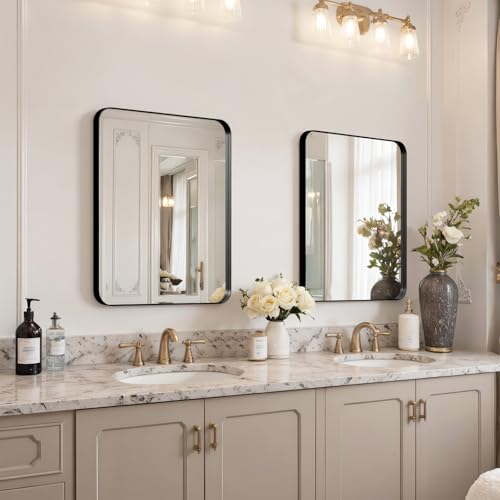 20x16 Inch Rectangular Wall Mirror, Matte Black Aluminum Framed Bathroom Mirror