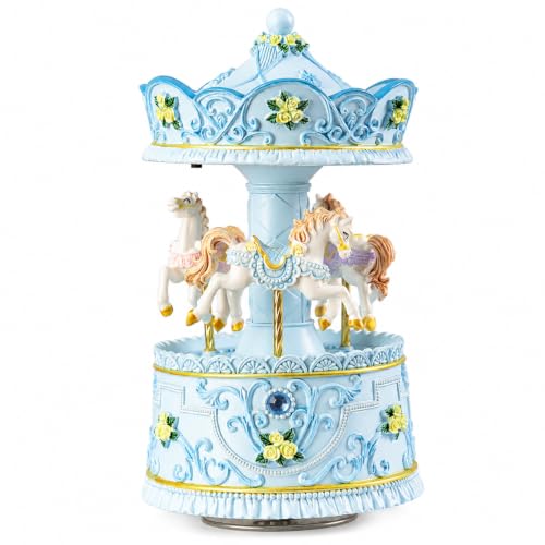 Rotating Carousel Music Box with Light, Vintage Wind-Up Merry-Go-Round