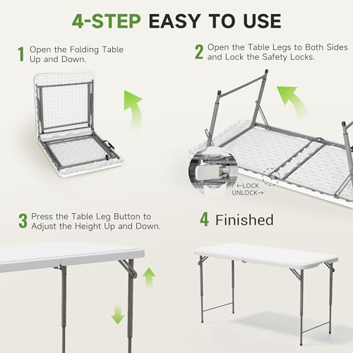 4-Foot Adjustable Height Folding Table - Heavy Duty Portable Utility Table