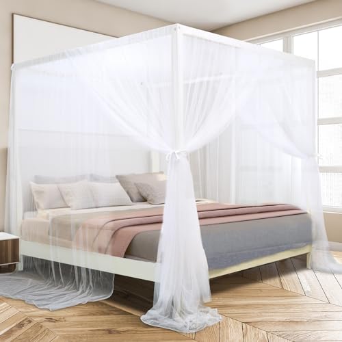 4 Corner Post Canopy Bed Curtains for King & Queen Beds, Soft White