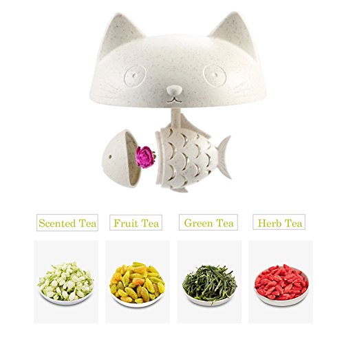 BigNoseDeer White Cat Tea Cup with Fish Infuser 8oz - Cute Mug for Loose Leaf Tea