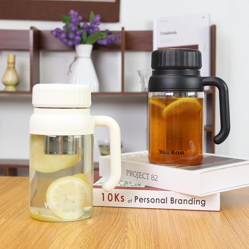 Wangsdjy 32oz Glass Water Bottle with Infuser & Handle - White, Leakproof, Hot & Cold Drinks