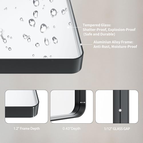 LOAAO 22x30 Inch Black Bathroom Mirror, Rounded Rectangle Metal Framed Vanity Mirror