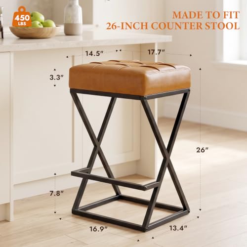 VATROS Walnut Counter Height Bar Stools Set of 2 - Faux Leather, 26 Inch, Backless