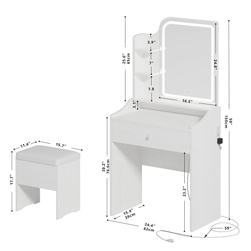 Compact Vanity Desk with Lighted Mirror, Charging Station and Stool