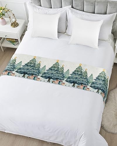 Christmas Tree Bed Runner for Queen Bed - Satin Bed Scarf, 83x20 Inch