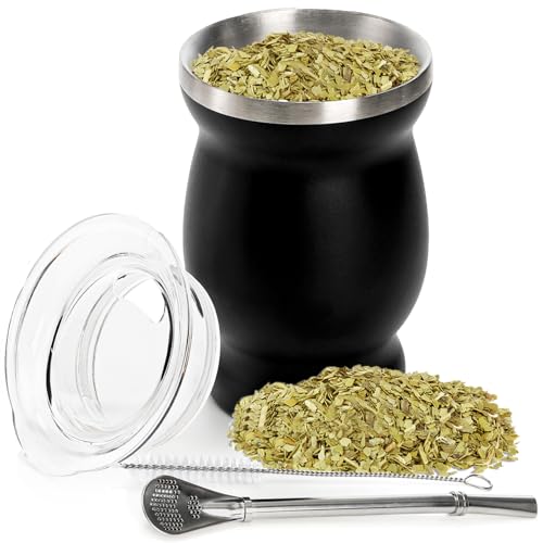 Yerba Mate Cup & Bombilla Kit - Insulated Stainless Steel Gourd with Spill-Proof Lid & Cleaning Brush, 8 oz