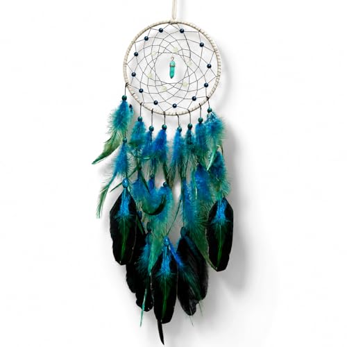 Luminous Blue Dream Catcher with Gemstone, 18-Inch Handmade Wall Decor