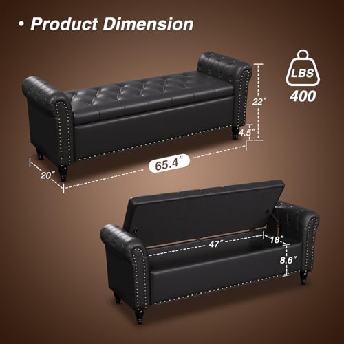 65-Inch Upholstered Storage Bench with Rolled Arms and Tufted Seat