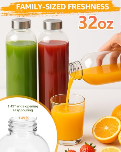Zukro 32oz Glass Water Bottles with Stainless Steel Lids – Set of 3, Leak-Proof, Reusable Drink Bottles