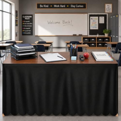 6ft Ruffled Teacher Desk Skirt - Black Scalloped Polyester Table Cover